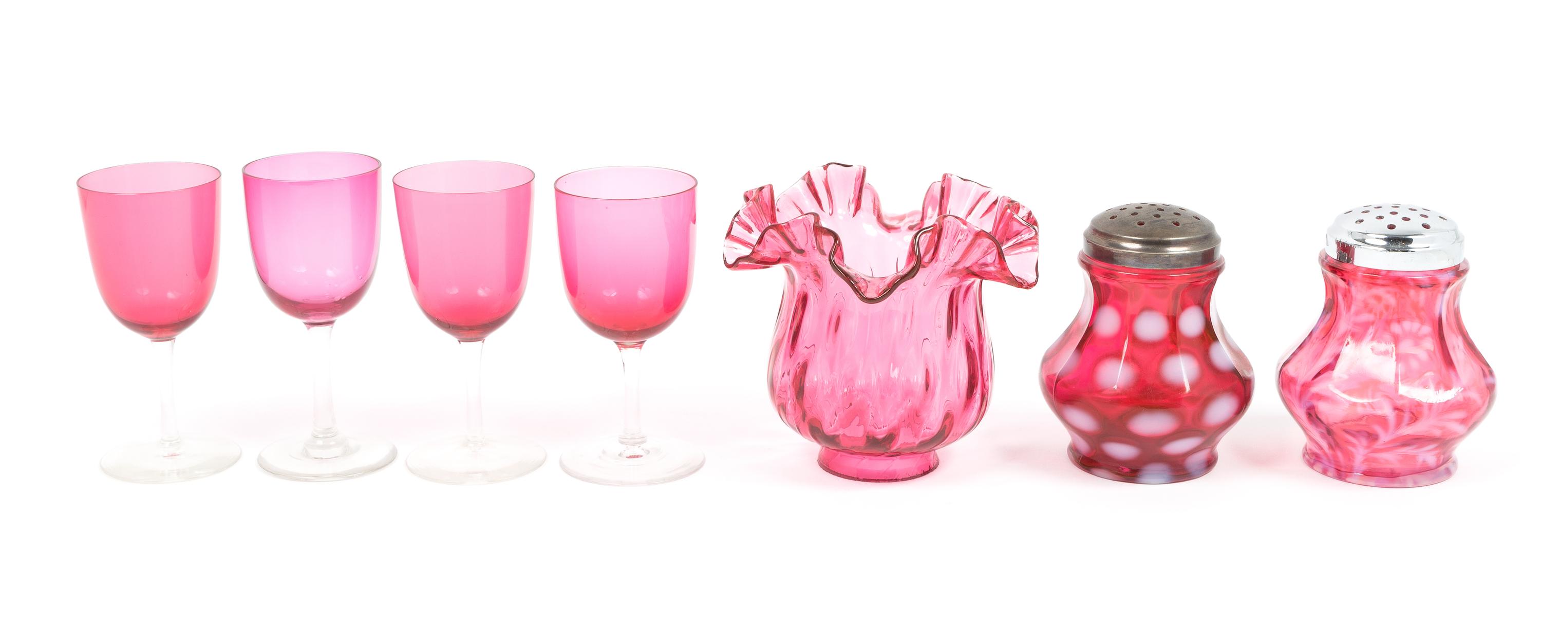 Seven Cranberry Glass Articles Height of tallest 4 7/8 inches