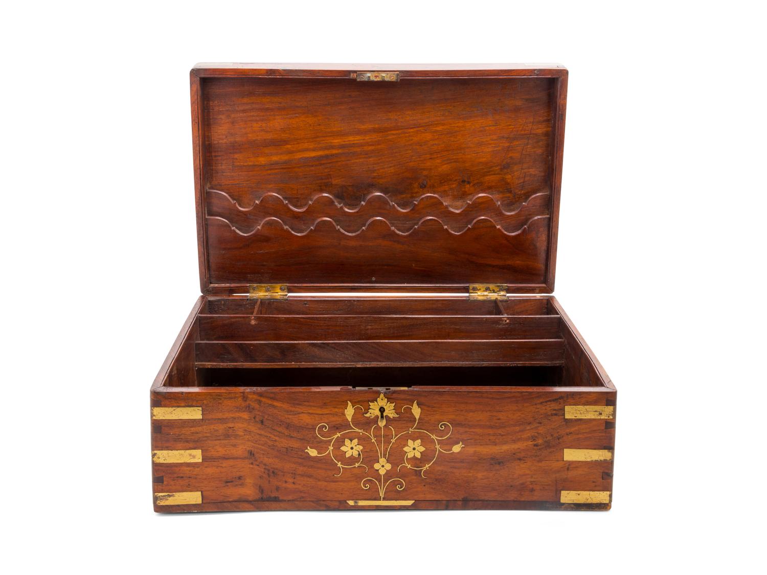 A Victorian Brass Inlaid Fruitwood Stationery Box
