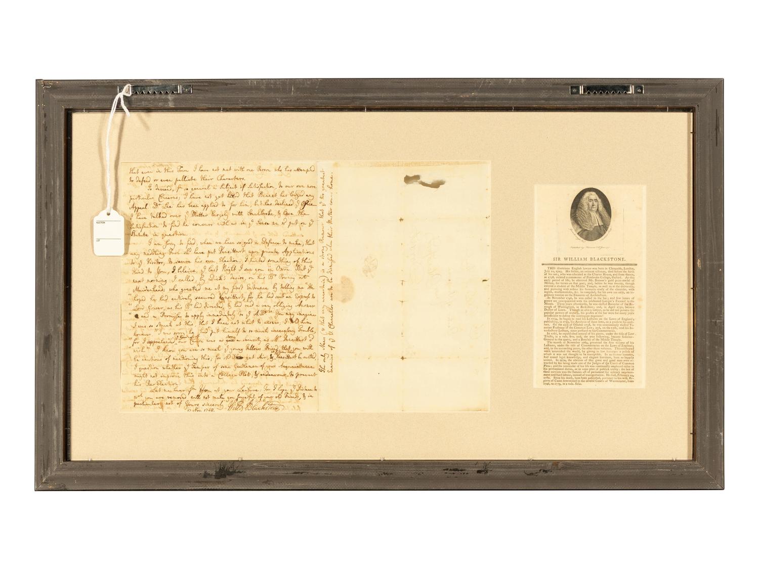 BLACKSTONE, William, Sir (1723-1780). Autograph letter signed ("Will Blackstone"), to George Bingham, 17 November 1748.