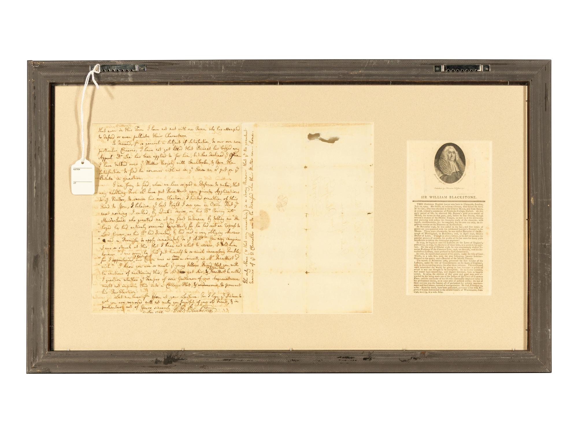 BLACKSTONE, William, Sir (1723-1780). Autograph letter signed ("Will Blackstone"), to George Bingham, 17 November 1748.