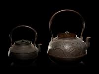 Four Japanese Cast Iron Teapots, Tetsubin , and Copper Burner Stand