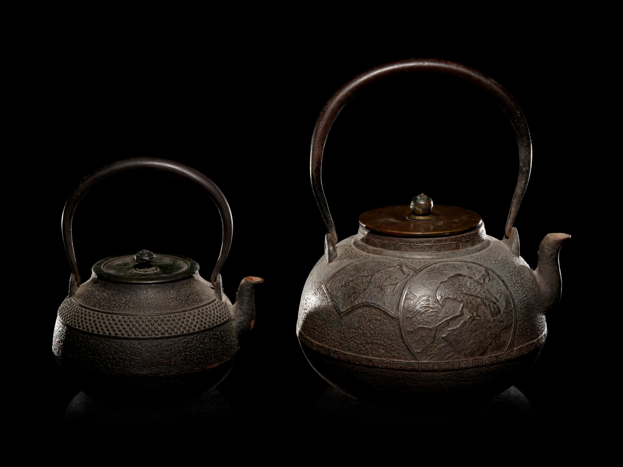 Four Japanese Cast Iron Teapots, Tetsubin , and Copper Burner Stand