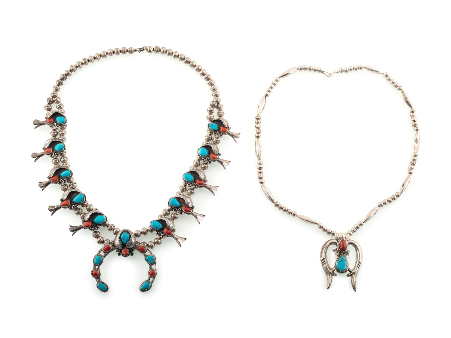Navajo Silver, Turquoise, and Coral Squash Blossom Necklaces