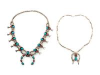 Navajo Silver, Turquoise, and Coral Squash Blossom Necklaces
