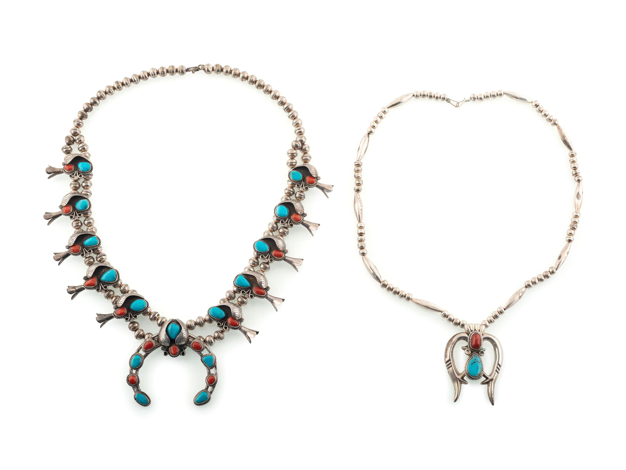 Navajo Silver, Turquoise, and Coral Squash Blossom Necklaces