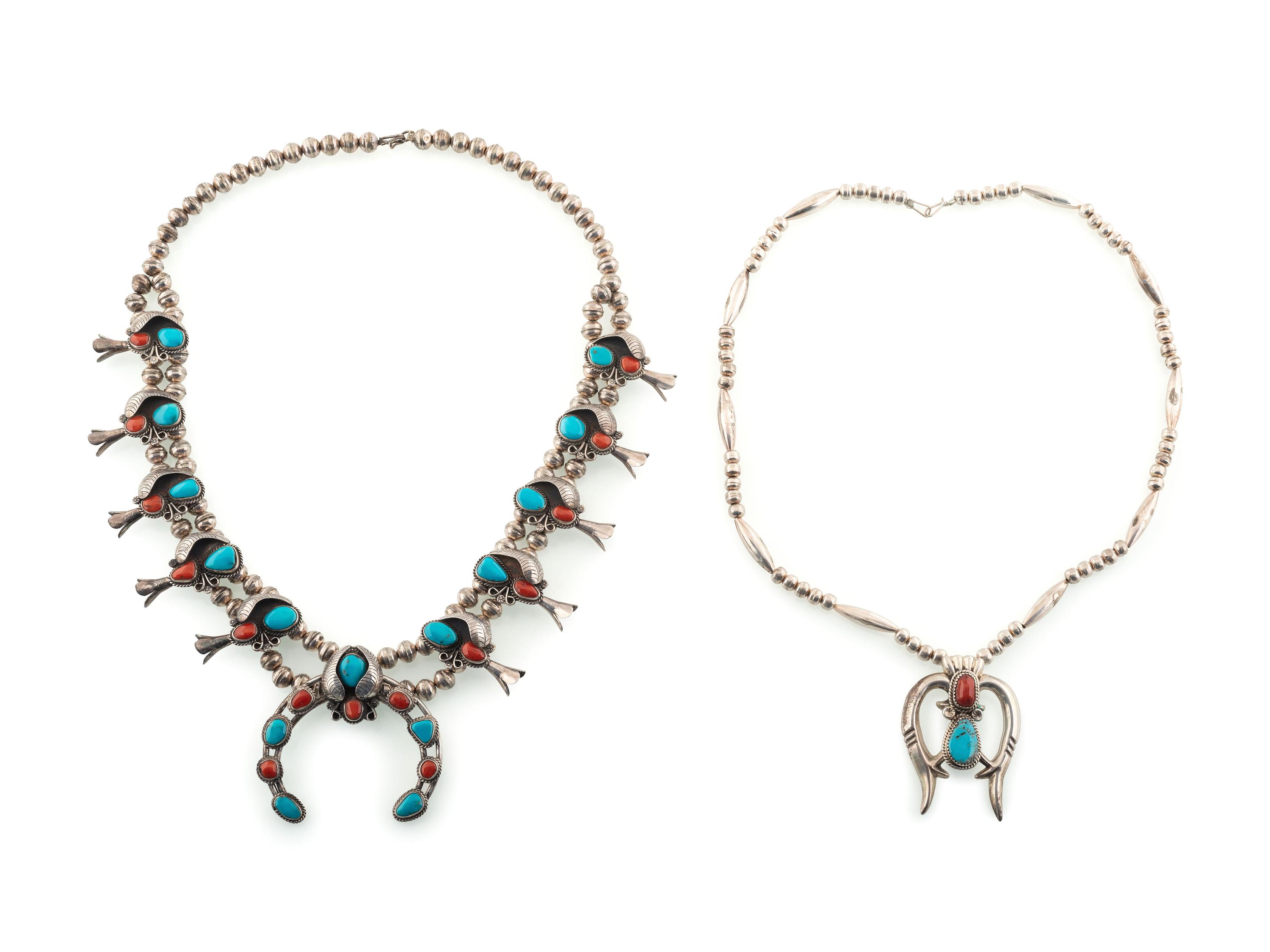 Navajo Silver, Turquoise, and Coral Squash Blossom Necklaces
