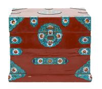 A Chinese Red Lacquer Bride's Box with Champleve Enamel Mounts Height 21 x width 25 1/2 x depth 18 1/2 inches. — 19TH CENTURY