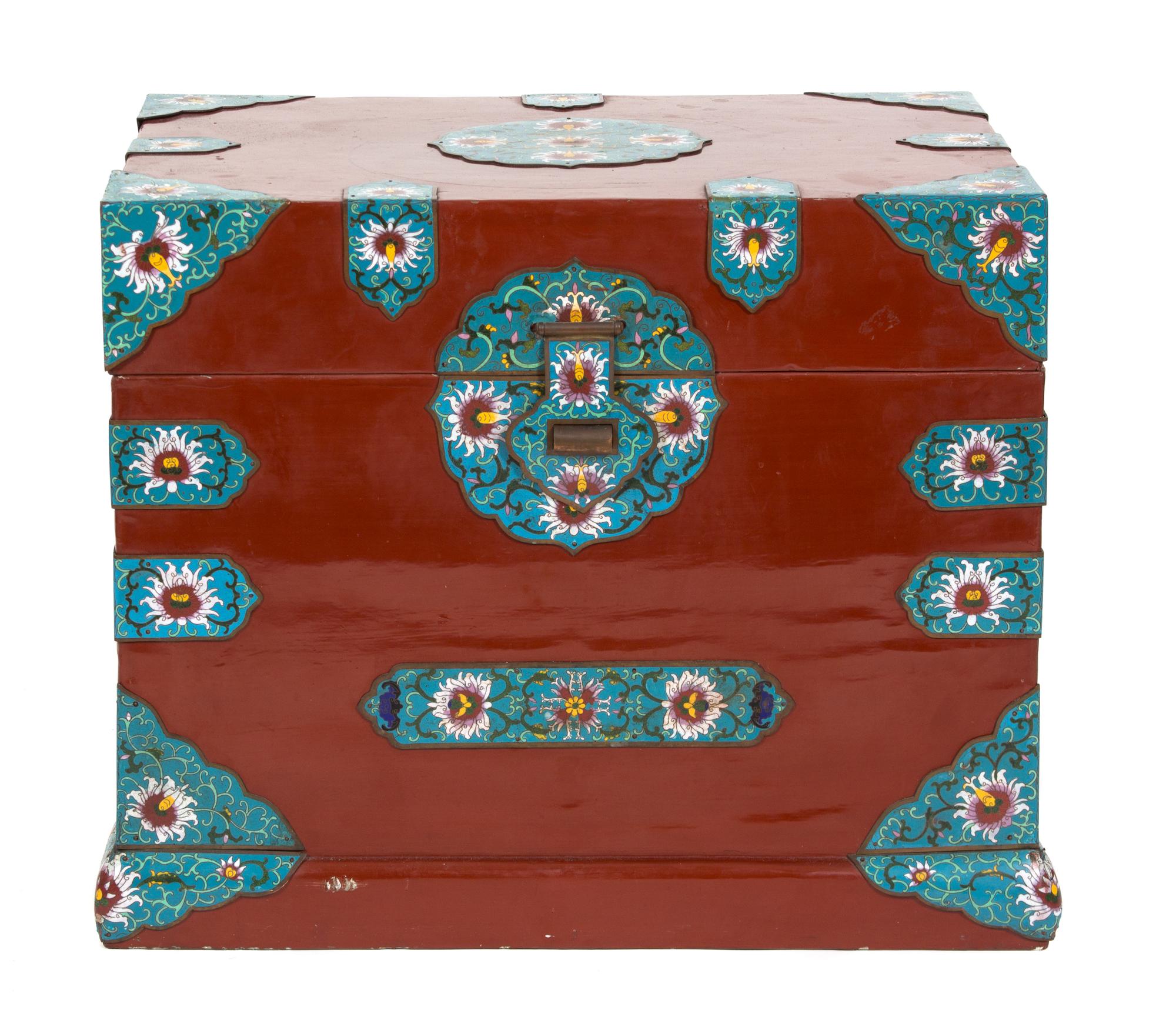 A Chinese Red Lacquer Bride's Box with Champleve Enamel Mounts Height 21 x width 25 1/2 x depth 18 1/2 inches. — 19TH CENTURY