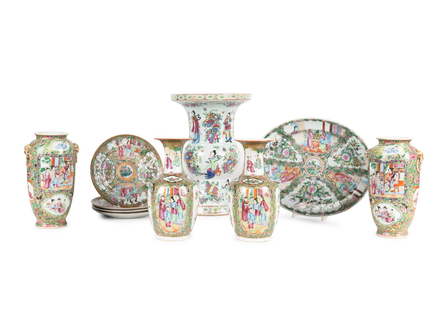 A Collection of Ten Rose Medallion Porcelain Articles