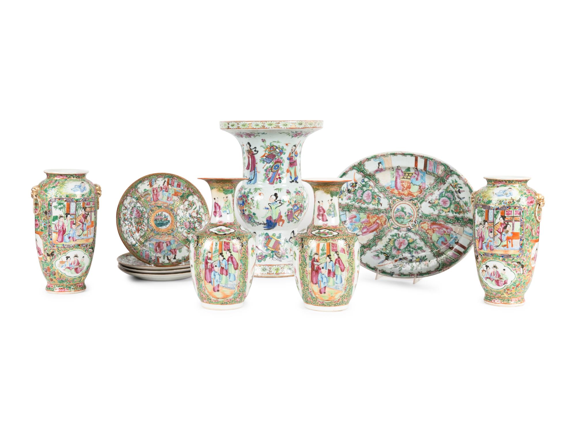 A Collection of Ten Rose Medallion Porcelain Articles