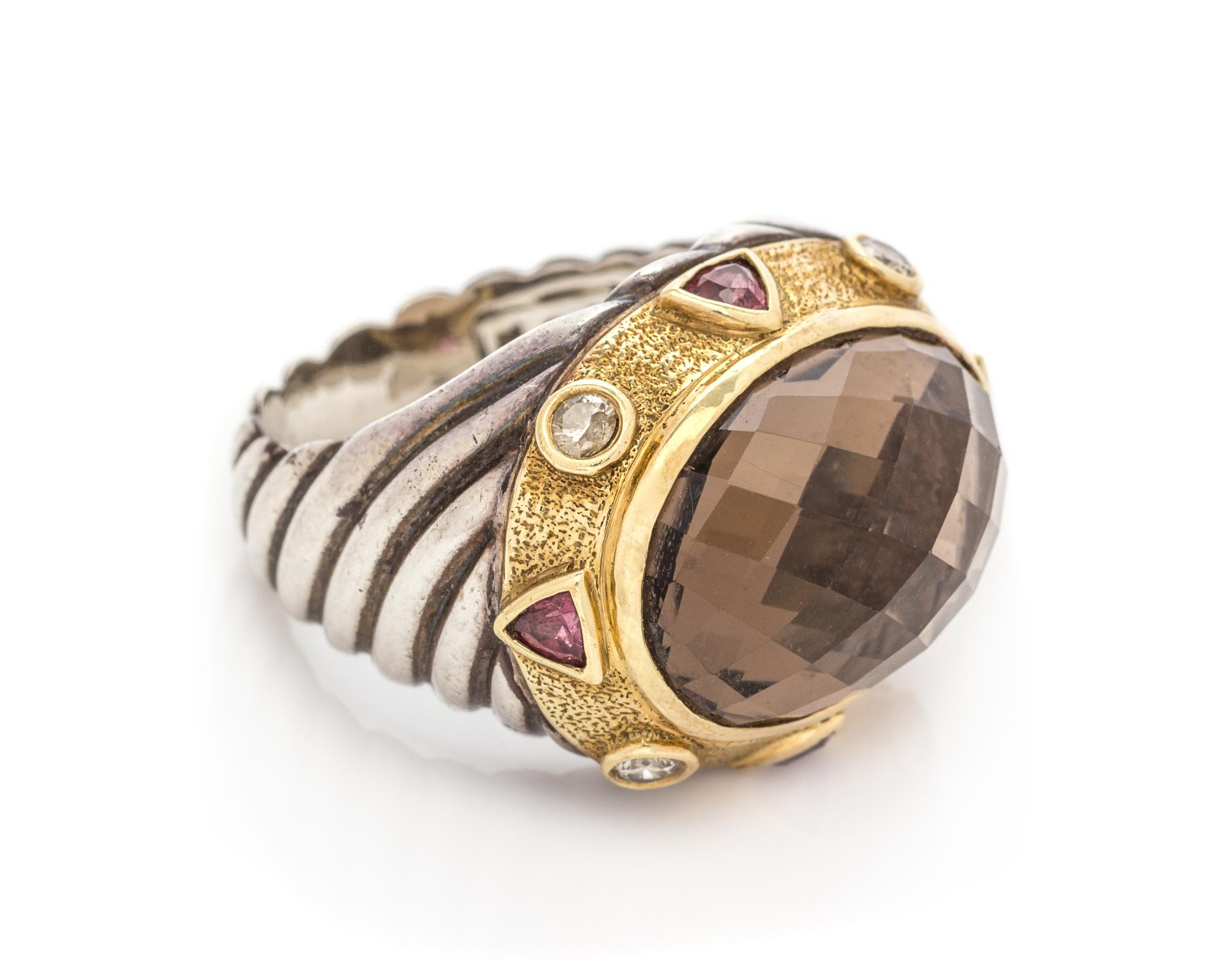 A Sterling Silver, 18 Karat Yellow Gold, Smoky Quartz, Diamond and Pink Tourmaline Ring, David Yurman, 9.50 dwts.