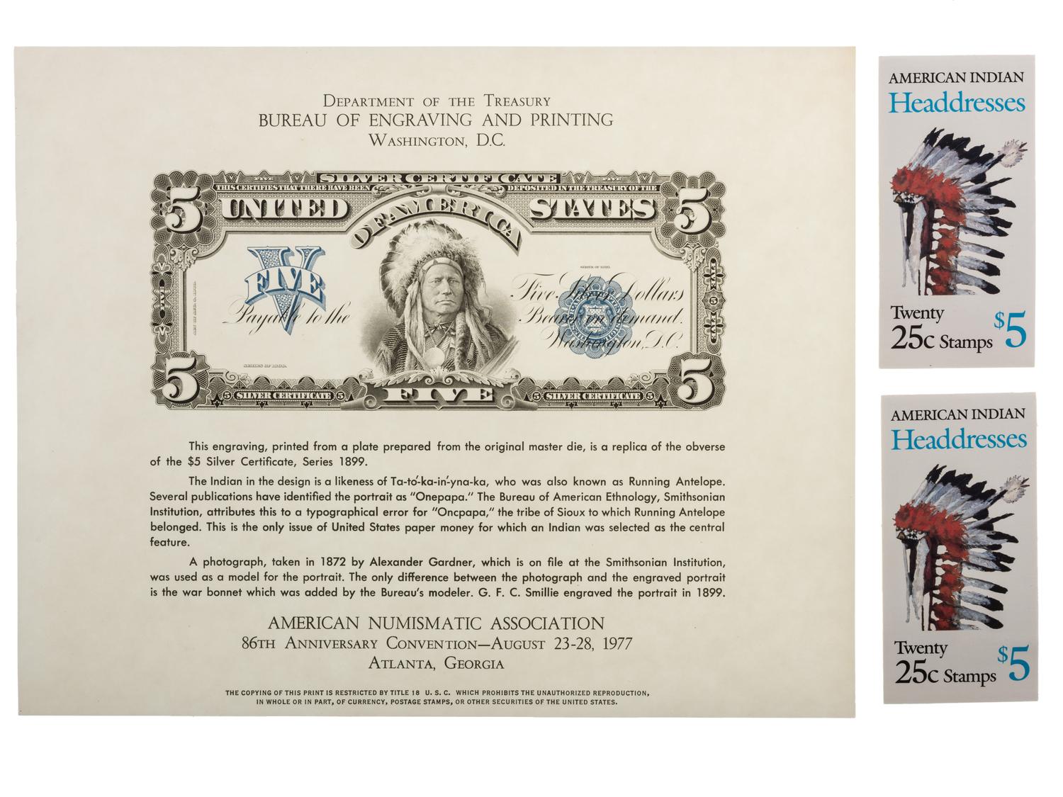 [NATIVE AMERICANS]. Numismatics and philately, including stamps and engraving of $5 bill.