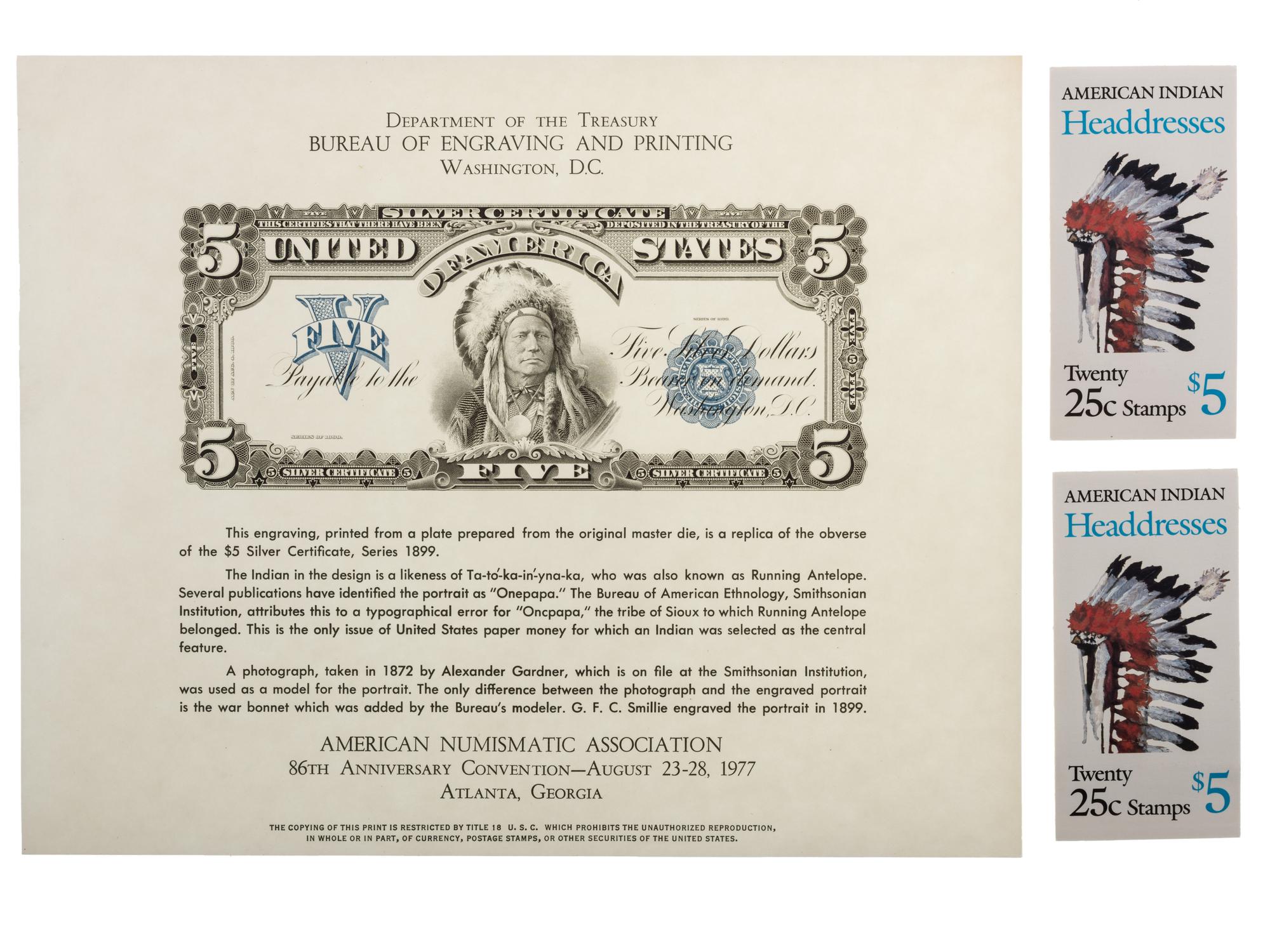 [NATIVE AMERICANS]. Numismatics and philately, including stamps and engraving of $5 bill.