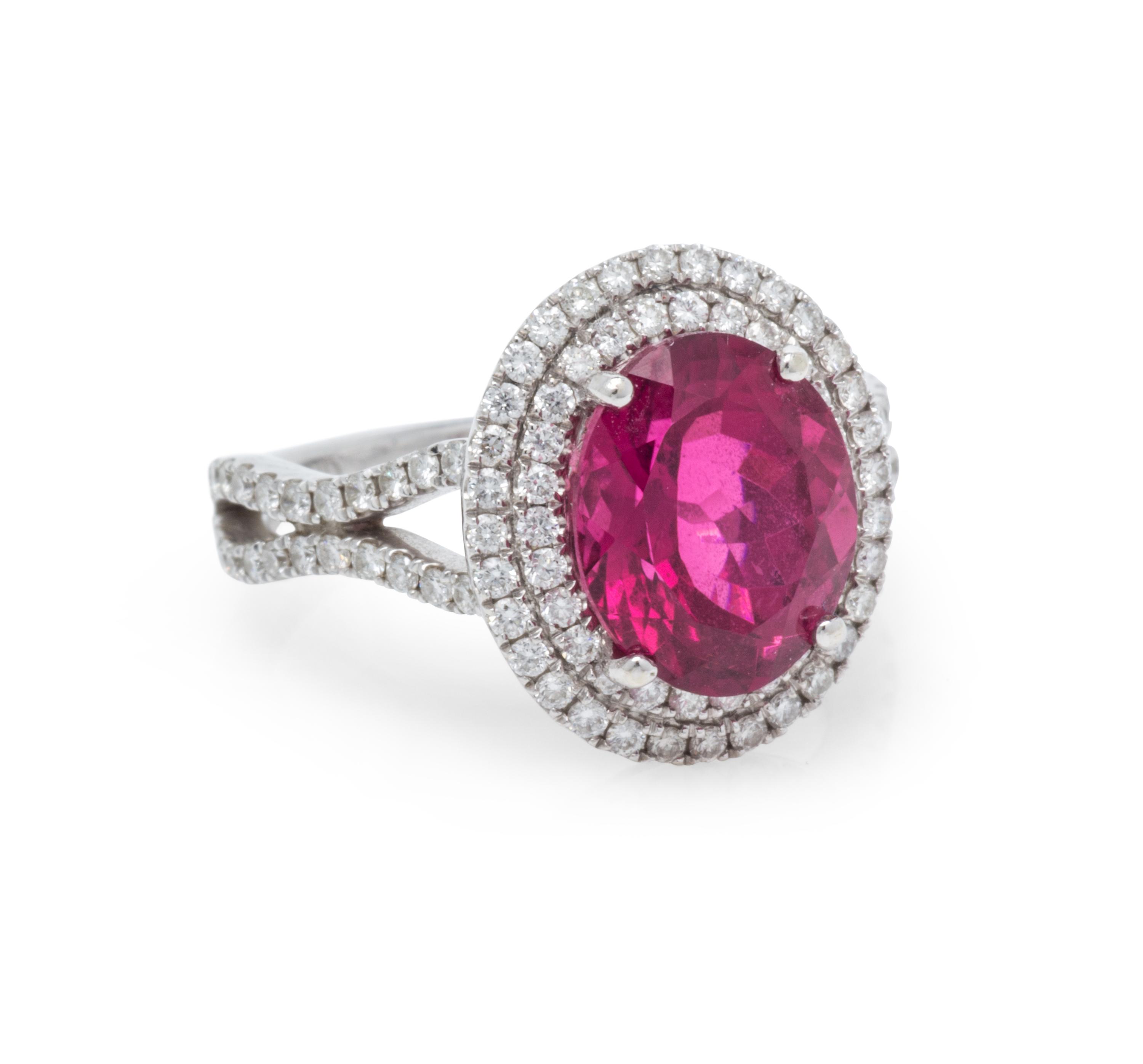 A 14 Karat White Gold, Rubellite Tourmaline and Diamond Ring, 3.40 dwts.