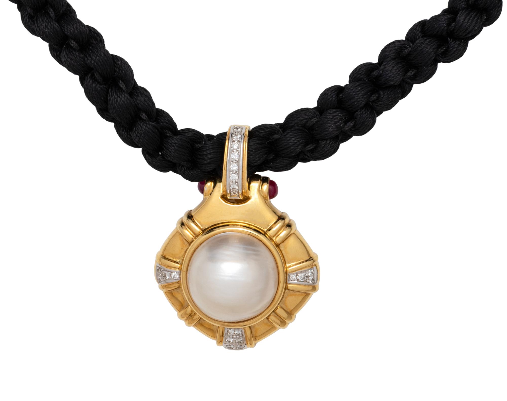 YELLOW GOLD, CULTURED MABE PEARL, DIAMOND AND RUBY PENDANT/NECKLACE