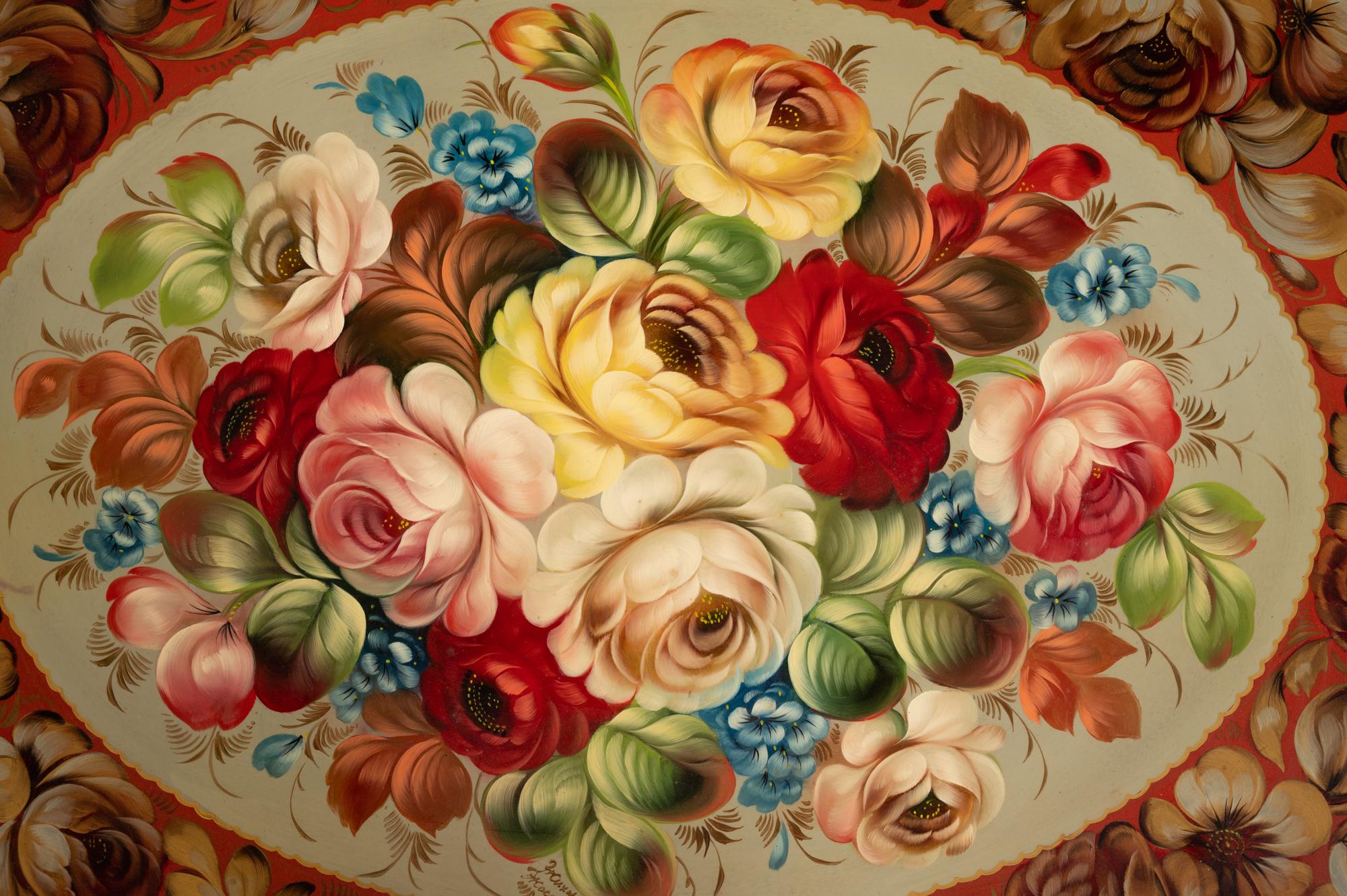 A Painted Tôle Tray on an Associated Stand