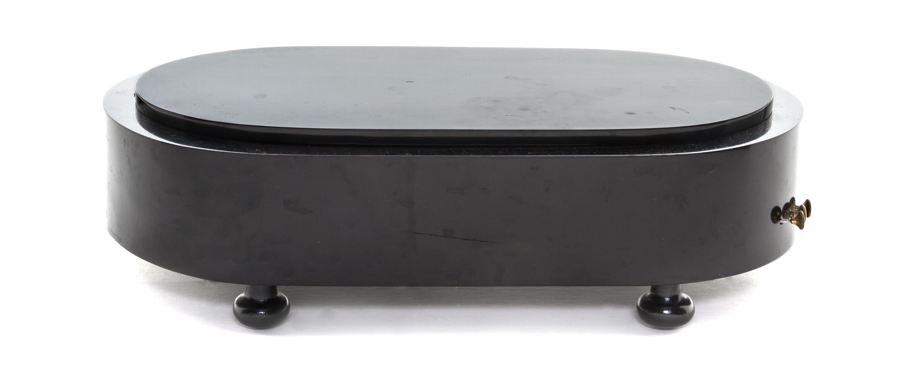 A Swiss Ebonized Cylinder Music Box, Height 4 x width 13 3/8 x depth 6 7/8 inches.