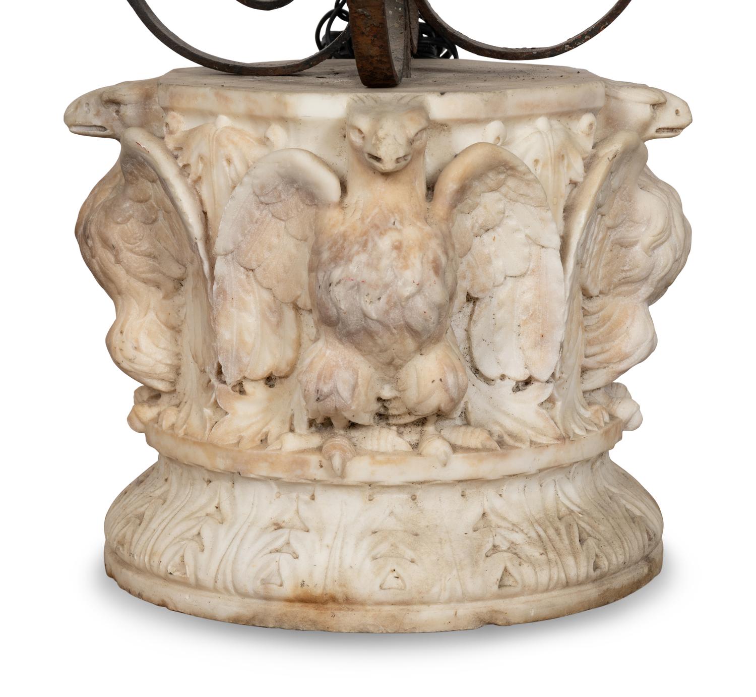 A Spanish Wrought Iron Lantern on Carved Marble Pedestal