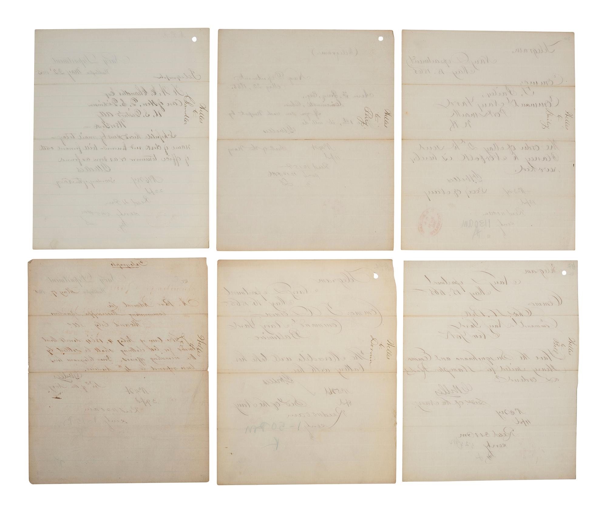 [CIVIL WAR] -- WELLES, Gideon (1802-1878). Small archive containing telegrams signed by Secretary of the Navy Gideon Welles in May 1865, and other correspondence.