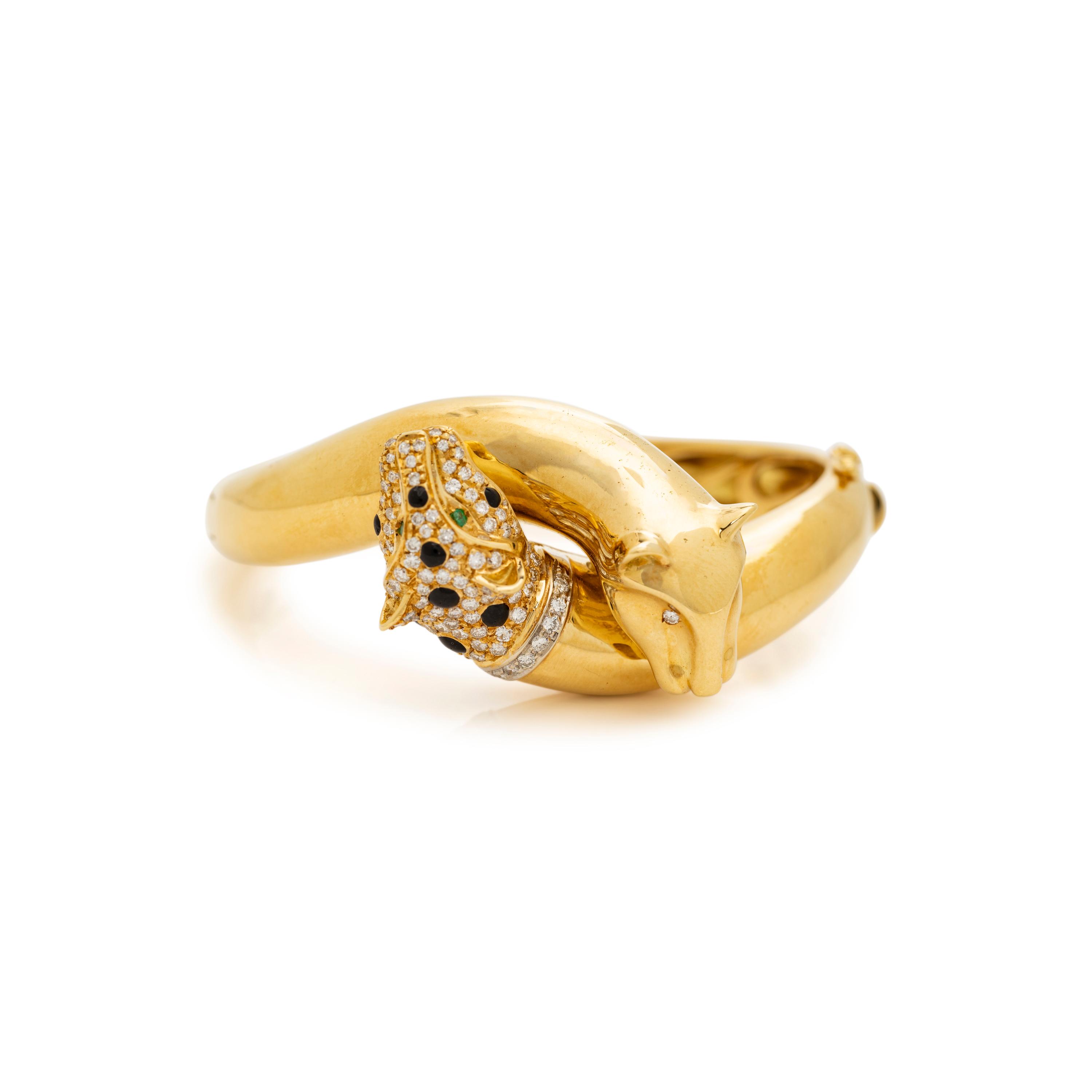 YELLOW GOLD, DIAMOND, EMERALD AND ENAMEL LEOPARD BANGLE BRACELET