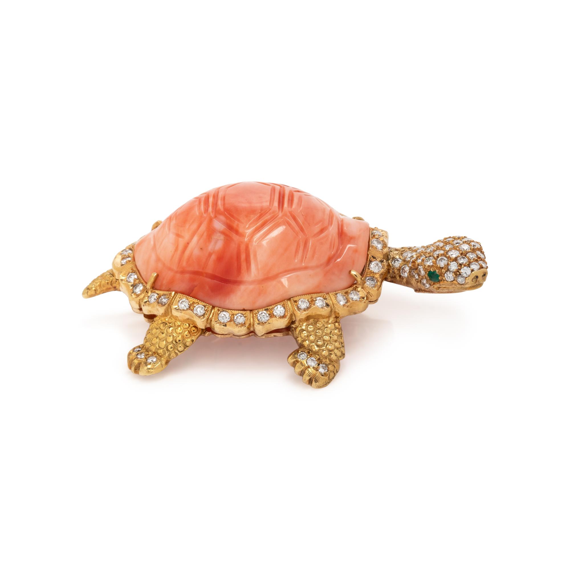 YELLOW GOLD, CORAL, AND DIAMOND ARTICULATED TURTLE BROOCH