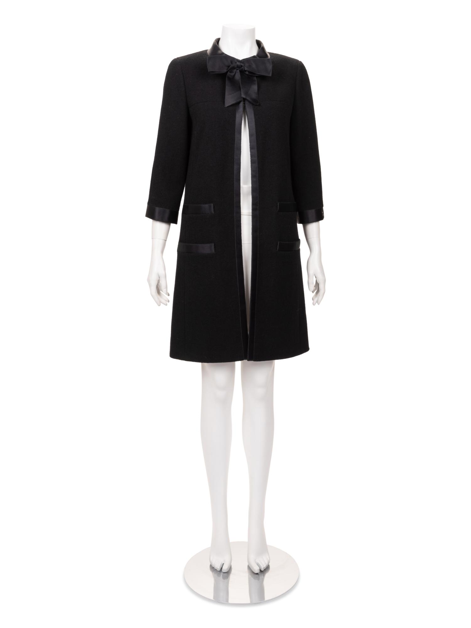 Chanel Wool Coat with Satin Trim and Bow, 1990-2000s