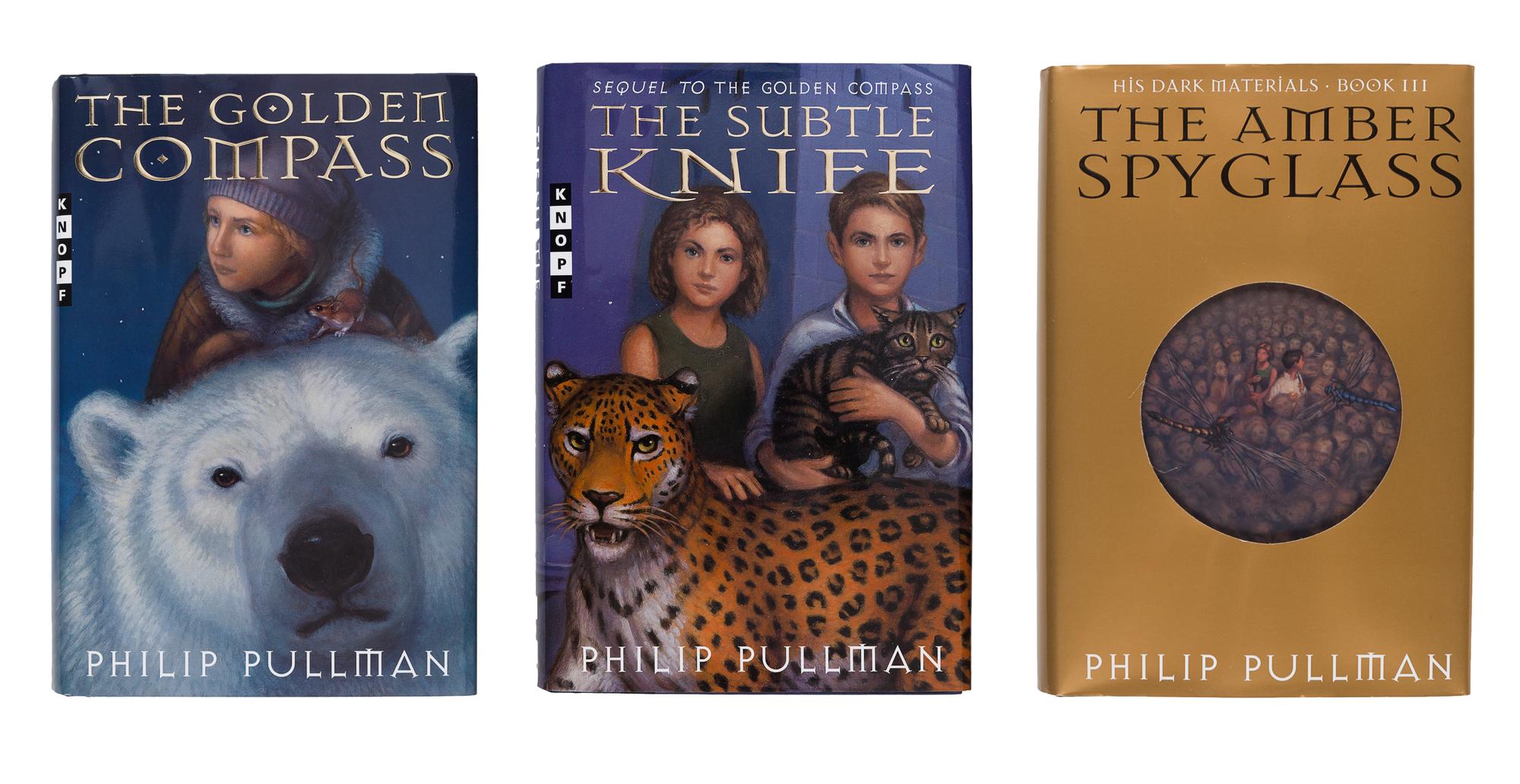 PULLMAN, Philip. [His Dark Materials trilogy:] The Golden Compass . — The Subtle Knife . — The Amber Spyglass . New York: Alfred A. Knopf, 1996-1997-2000.