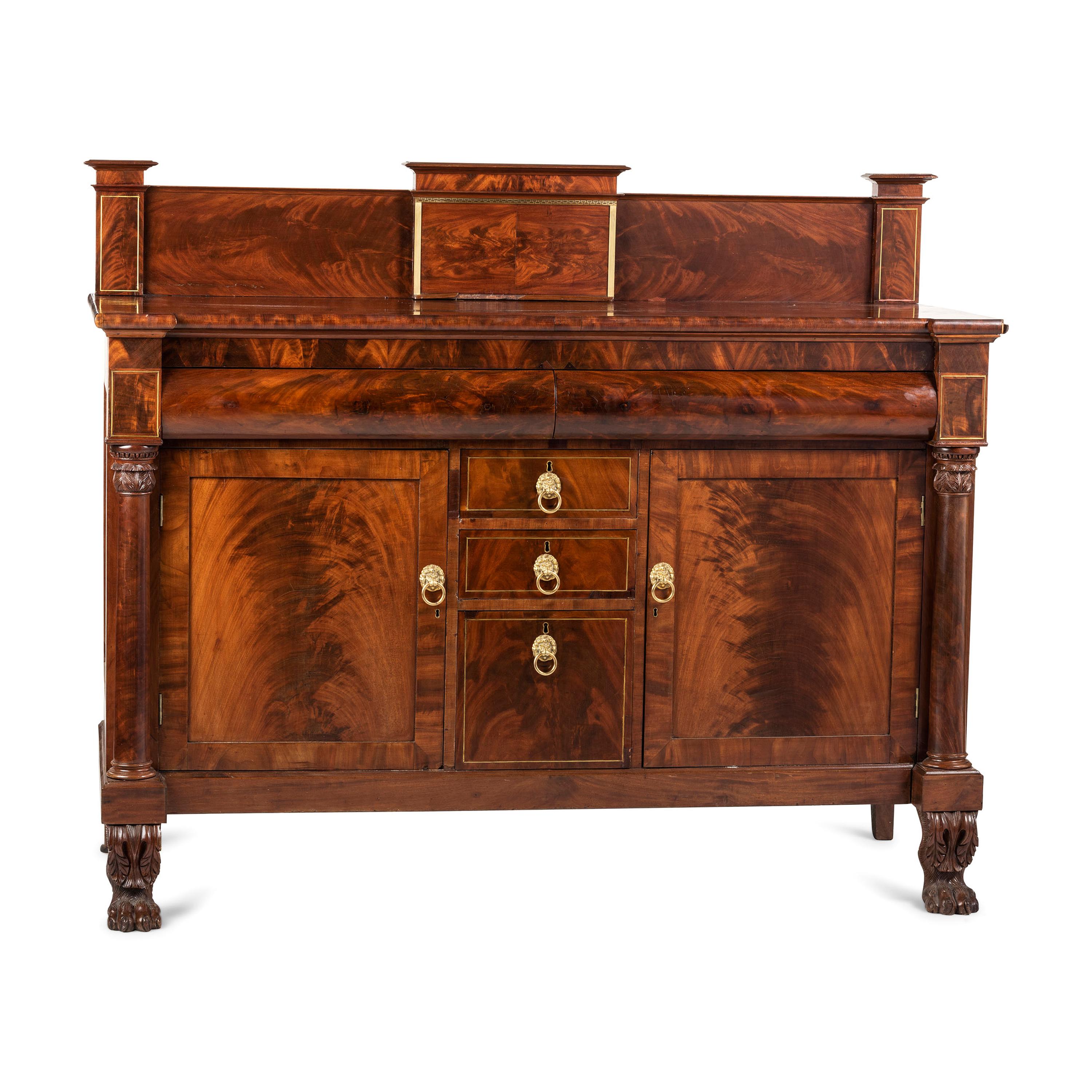 A Classical Brass Inlaid, Carved and Figured Mahogany Sideboard