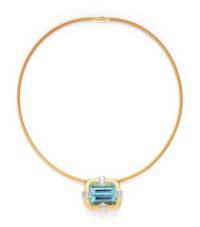 YELLOW GOLD, AQUAMARINE AND DIAMOND BROOCH/PENDANT NECKLACE