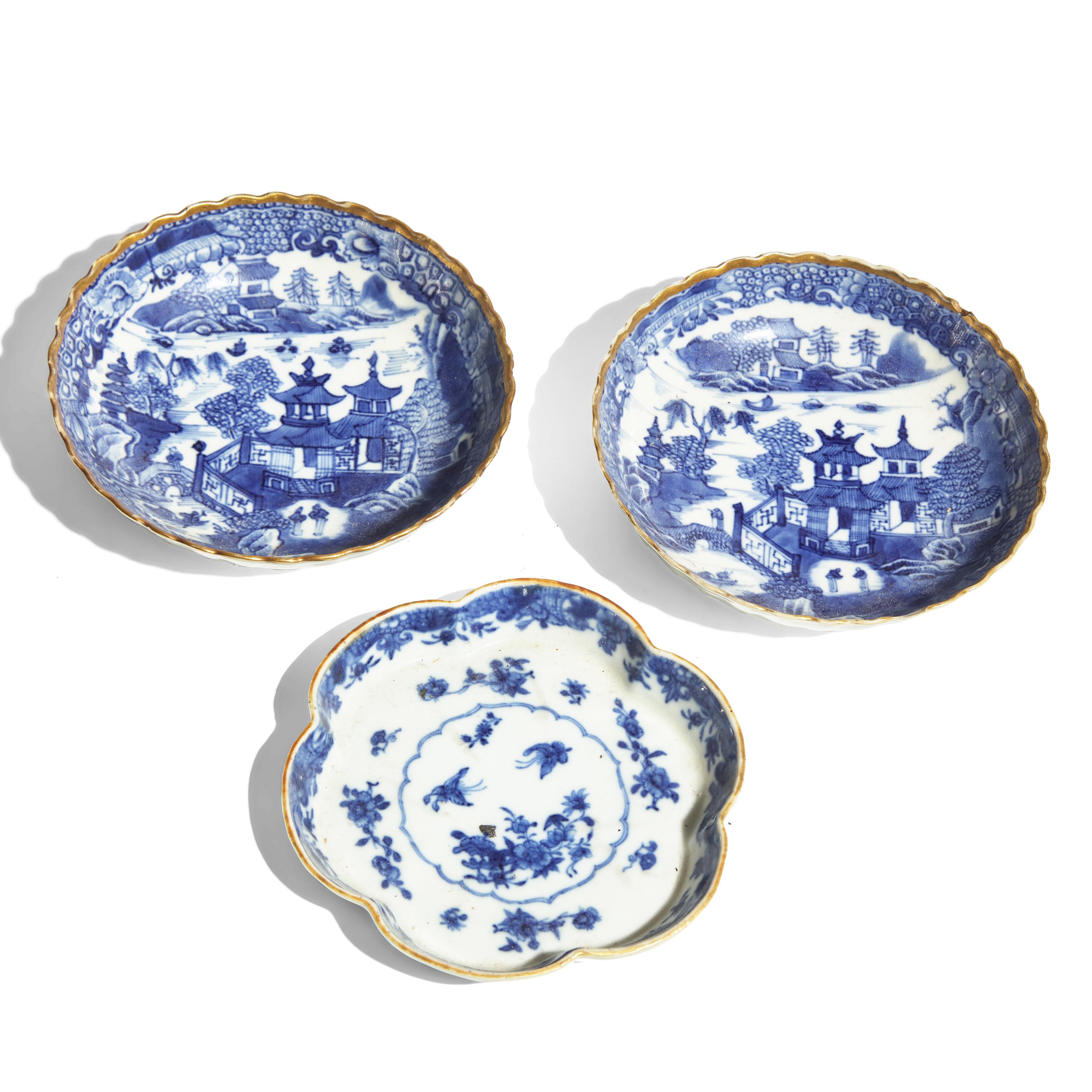 An Assorted Group of Chinese Export and English Porcelain Gilt-Decorated and Blue and White Tablewares