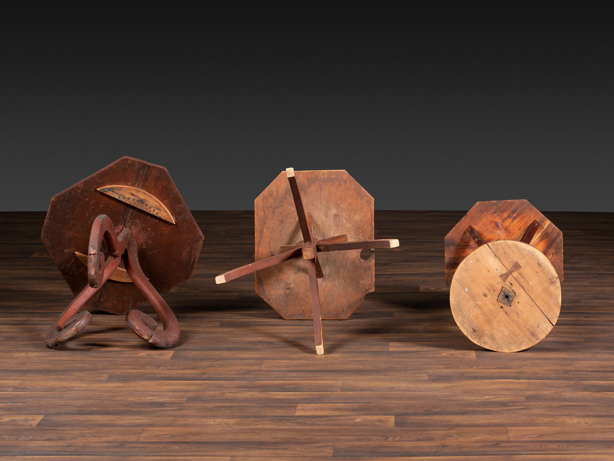 Three Primitive Carved Wood Candlestands