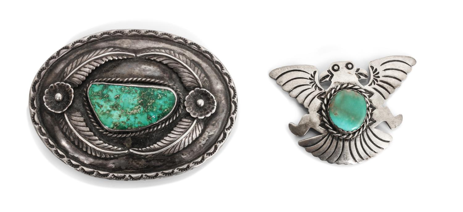 Two Southwestern Silver and Turquoise Items Height of buckle 2 1/2 x width 3 1/2 inches.