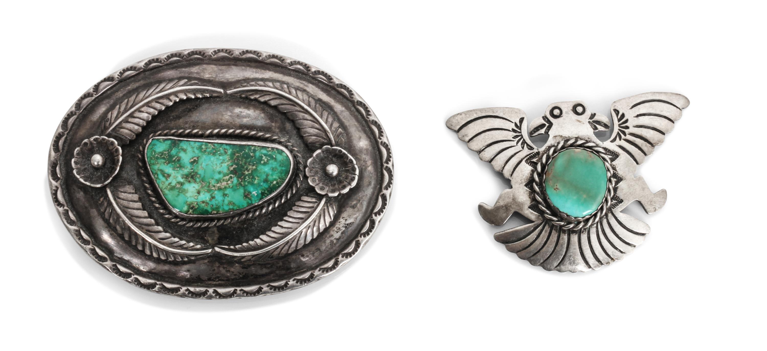 Two Southwestern Silver and Turquoise Items Height of buckle 2 1/2 x width 3 1/2 inches.