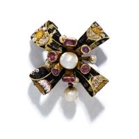 ANTIQUE, PEARL, RUBY AND ENAMEL BROOCH
