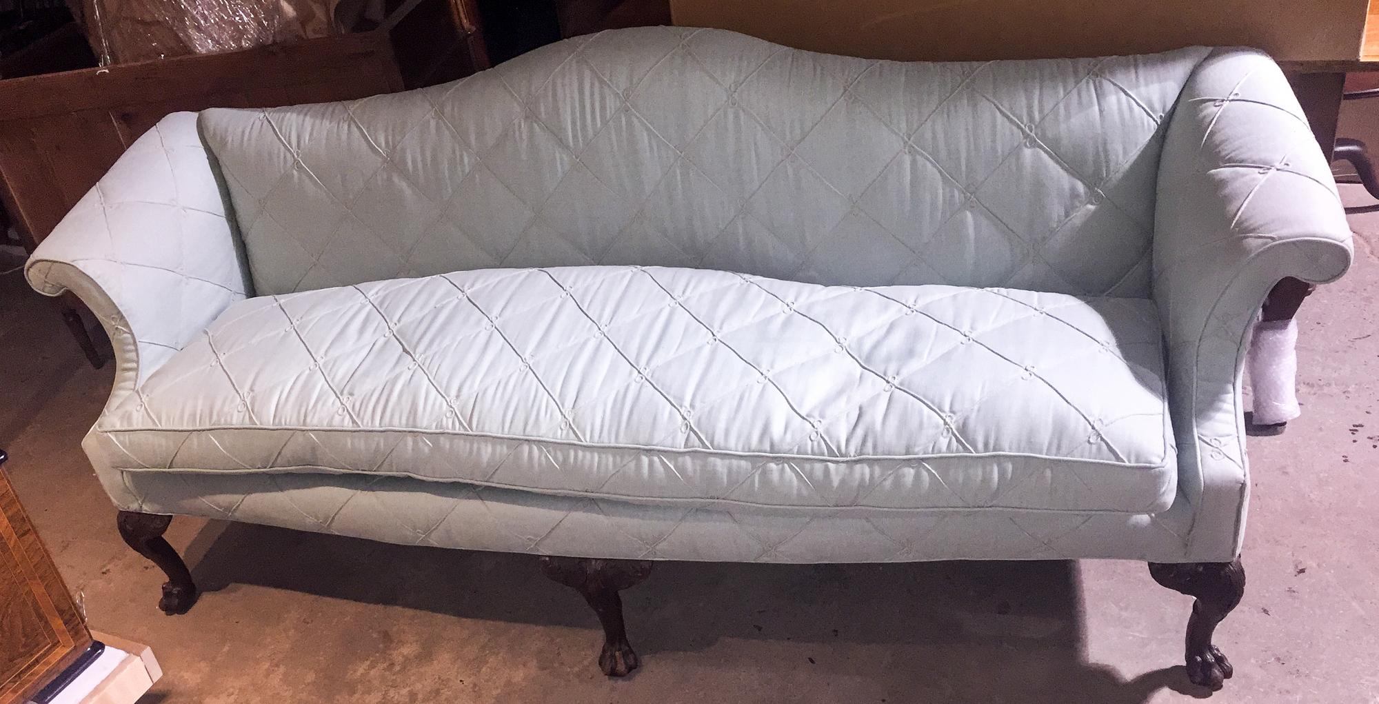 A Georgian Style Mahogany Camelback Sofa Height 36 1/2 x width 87 1/2 x depth 24 1/2 inches. — 19TH CENTURY