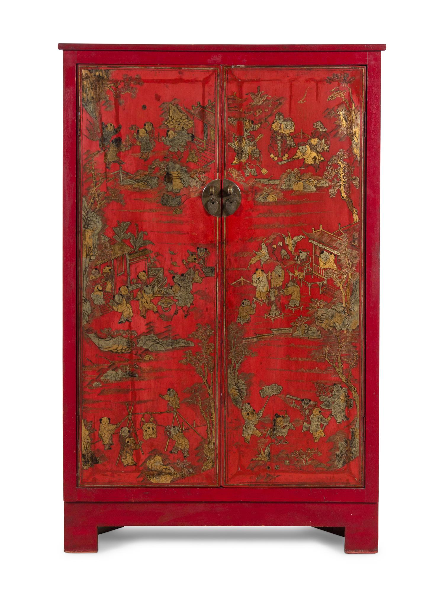 A Chinese Gilt Decorated Red Lacquer Corner Cabinet