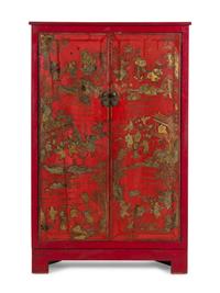 A Chinese Gilt Decorated Red Lacquer Corner Cabinet