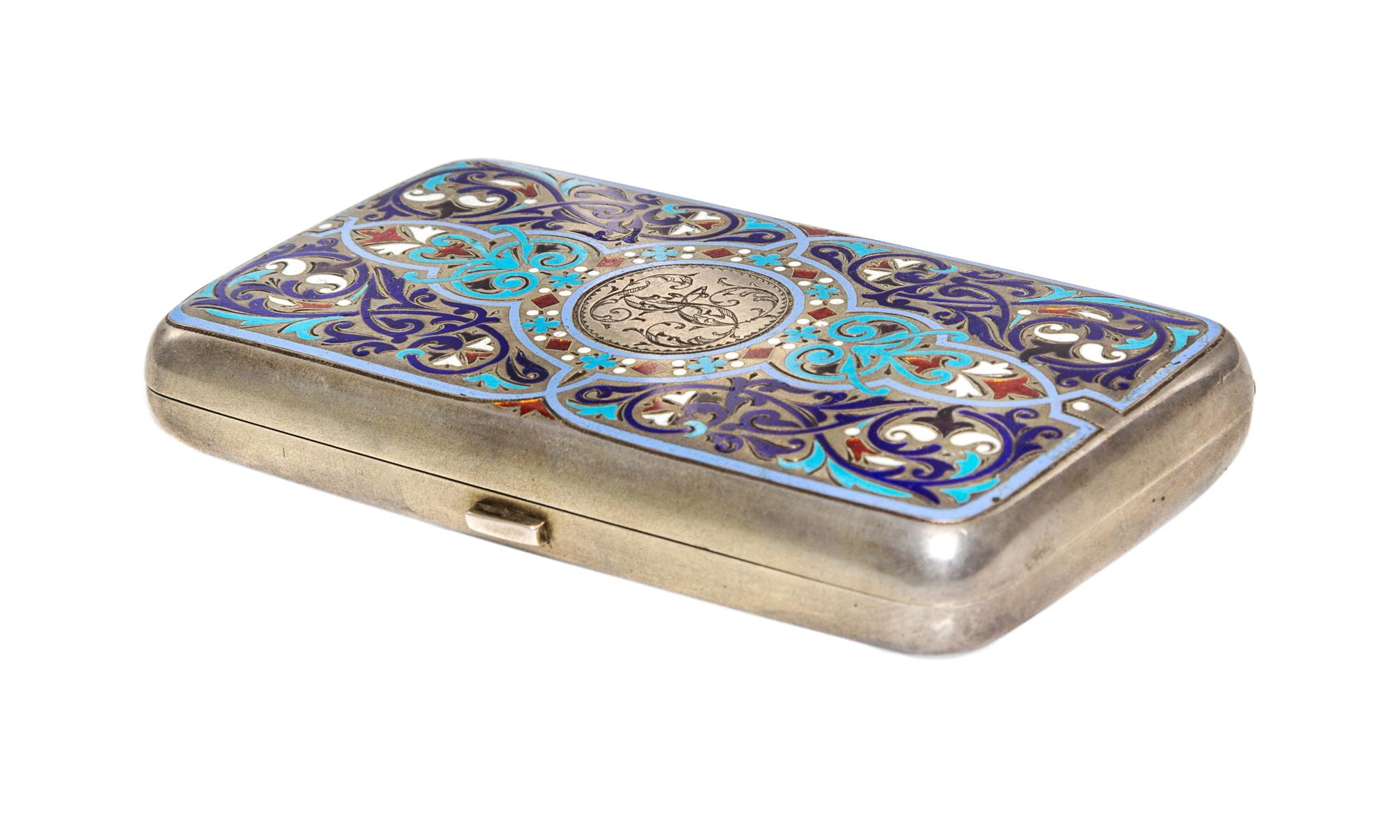 A Russian Enameled Silver Cigarette Case, Ivan Khlebnikov, Moscow, Late 19th Century, of rectangular form with polychrome stylized scro
