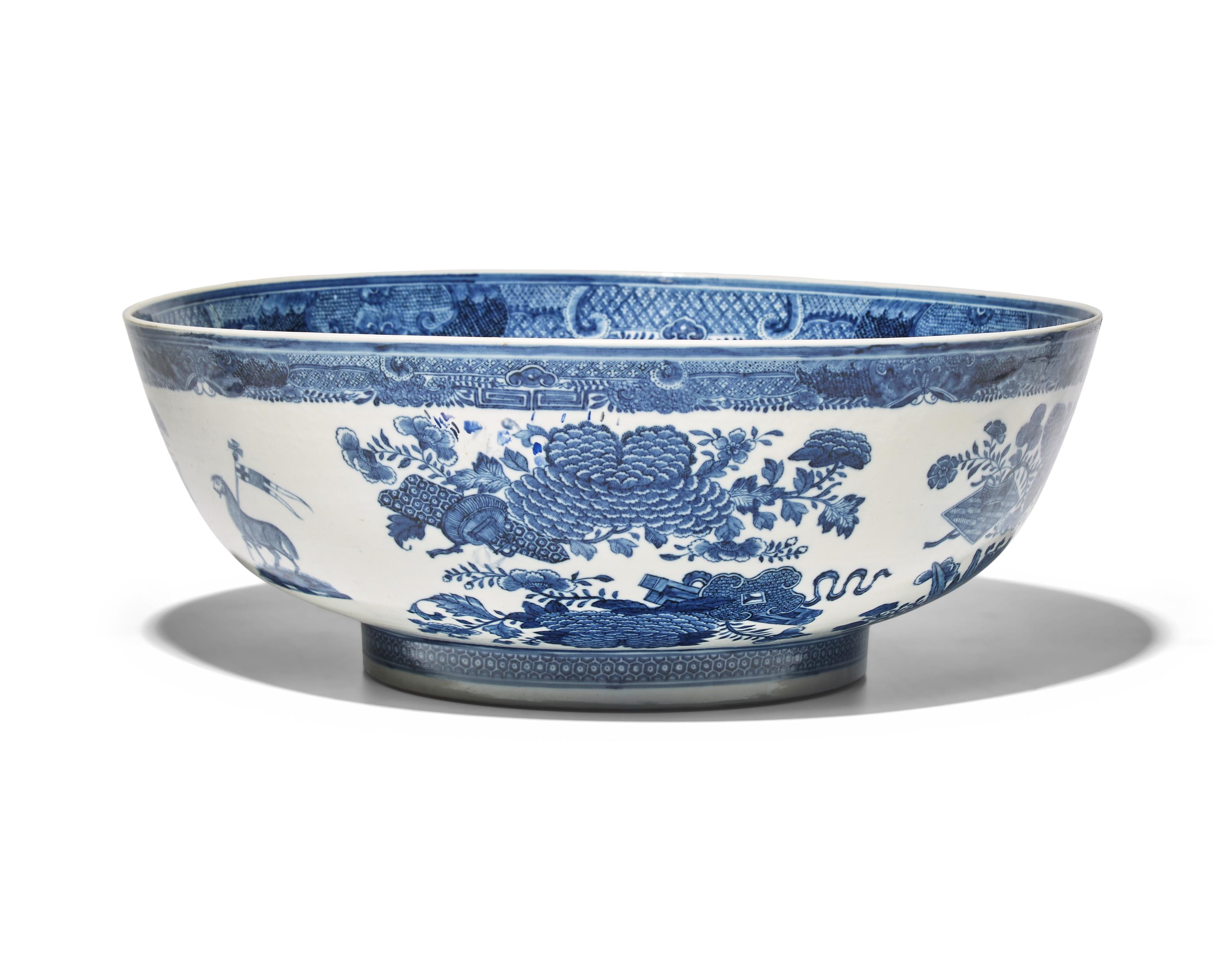A Large Chinese Export Porcelain Blue Fitzhugh Armorial Punch Bowl Bearing the Roberts Crest