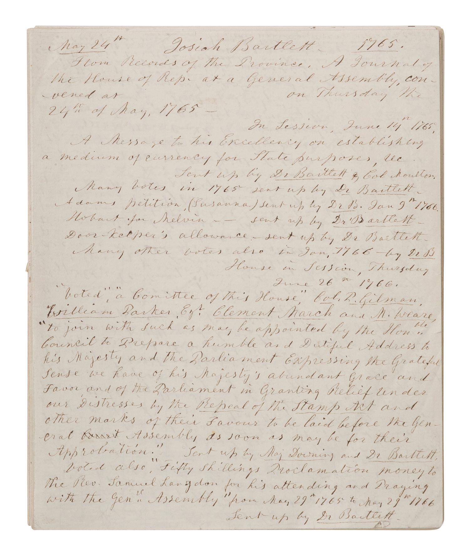 [SIGNER]. Manuscript journal regarding Josiah Bartlett, Declaration of Independence signer.