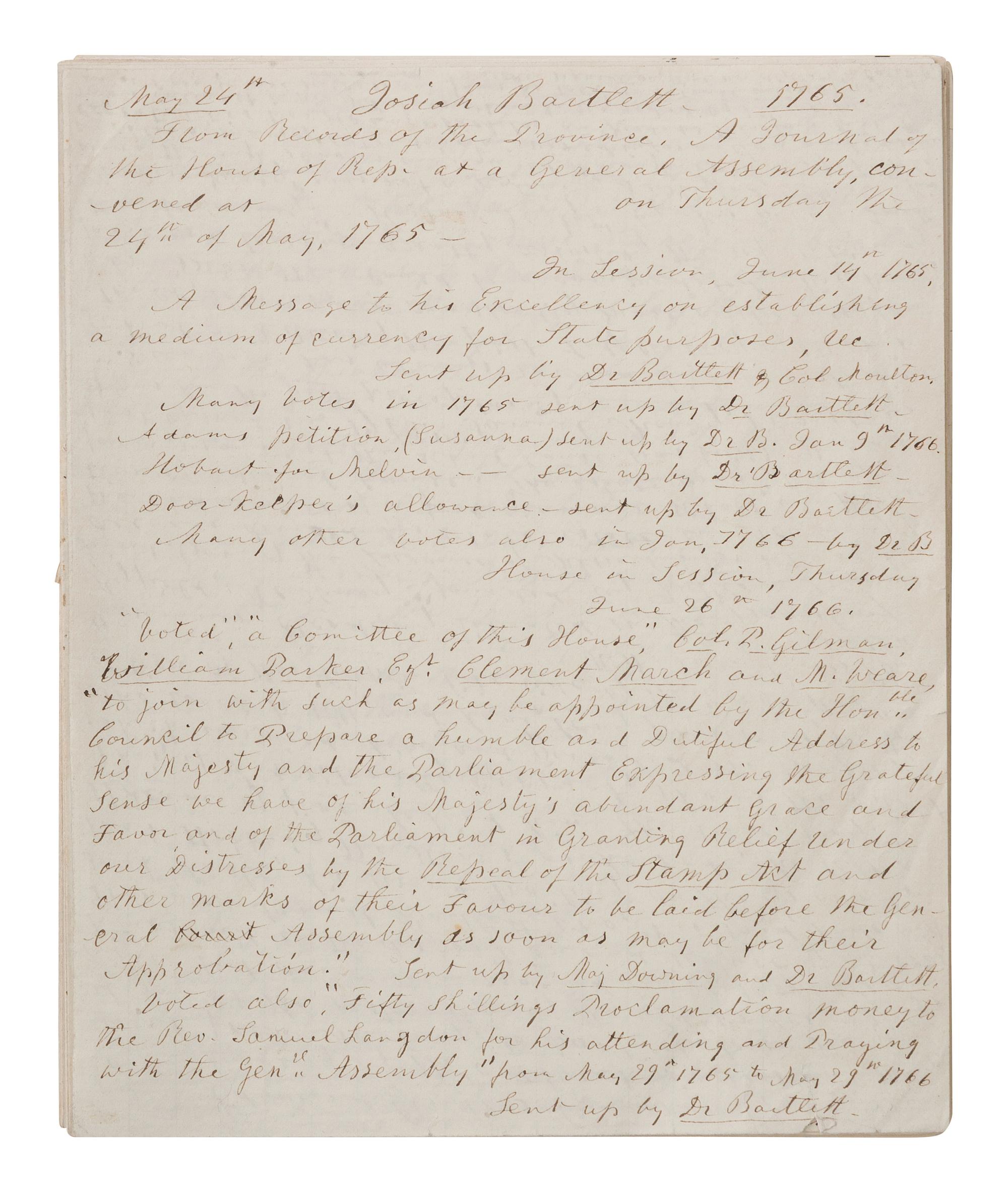 [SIGNER]. Manuscript journal regarding Josiah Bartlett, Declaration of Independence signer.