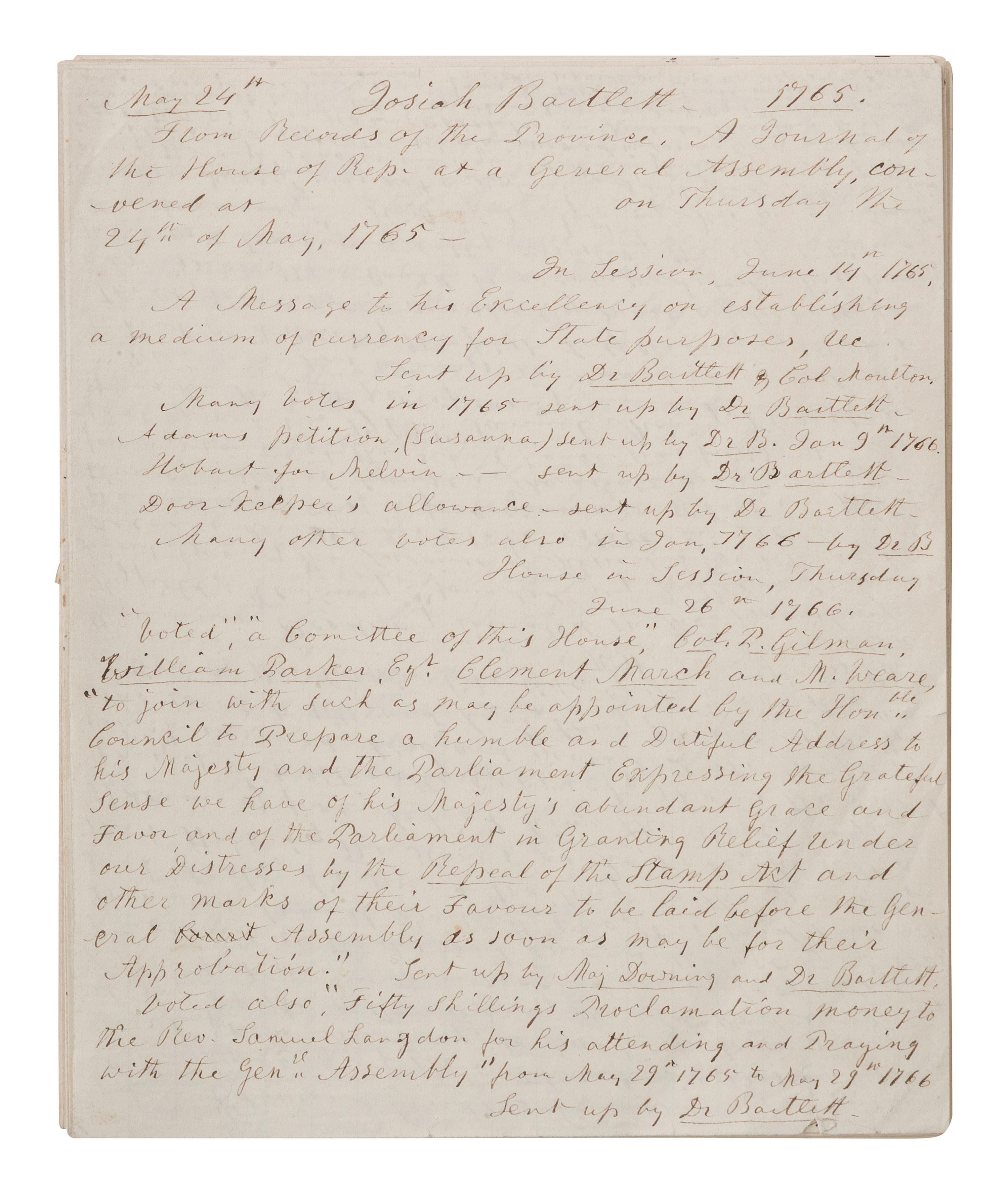 [SIGNER]. Manuscript journal regarding Josiah Bartlett, Declaration of Independence signer.