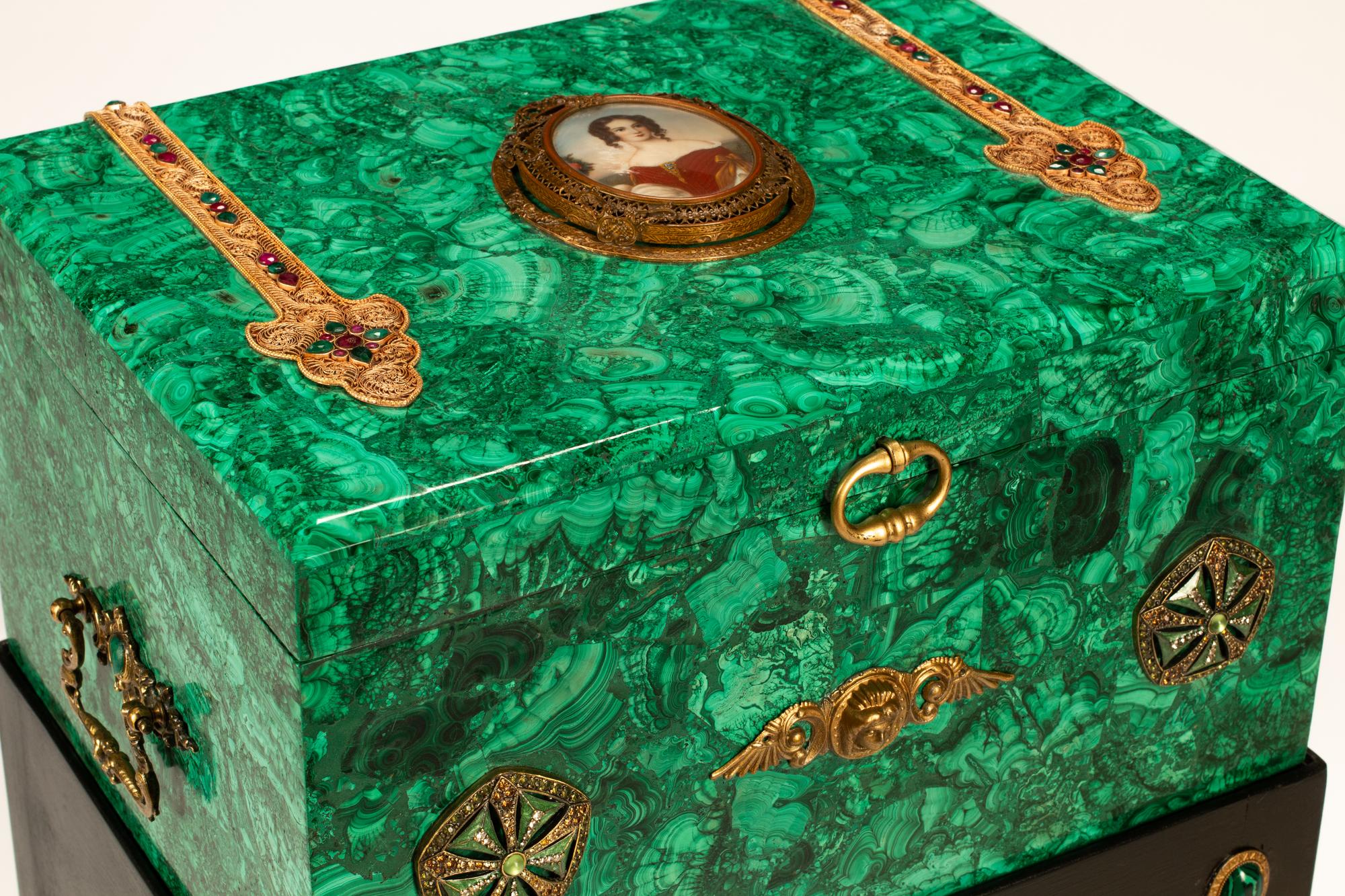 A Continental Jeweled Malachite Table Casket on Stand