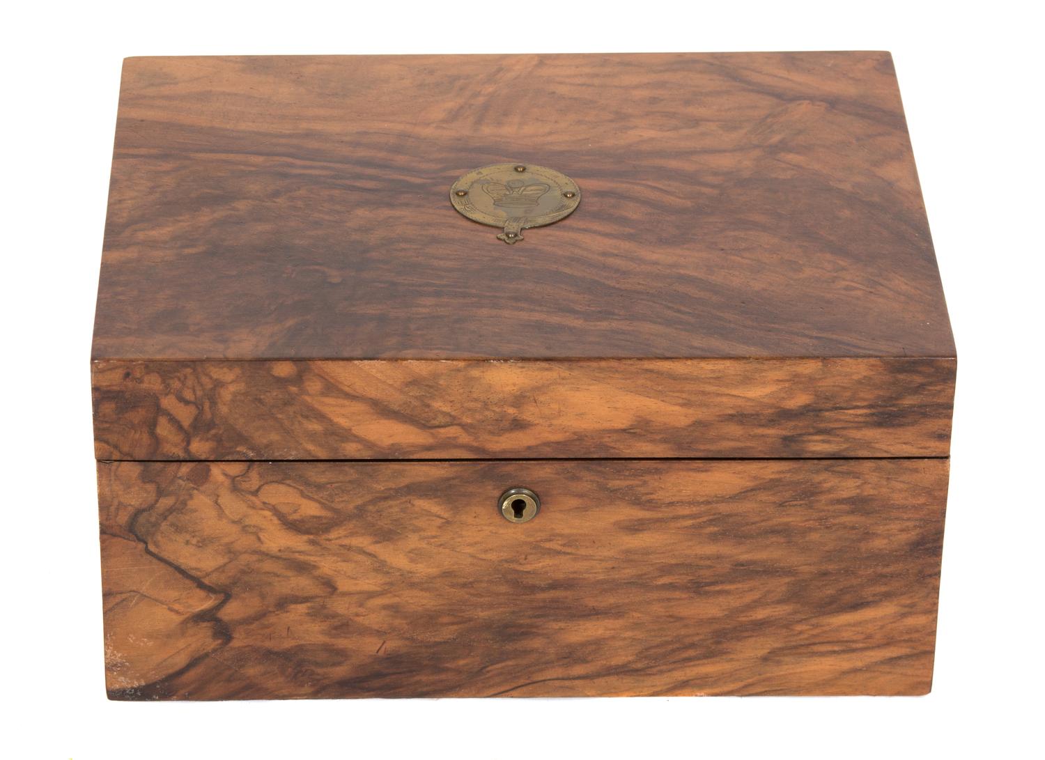 A Burl Walnut Sewing Box Height 5 3/4 x width 11 7/8 x depth inches. — 20TH CENTURY