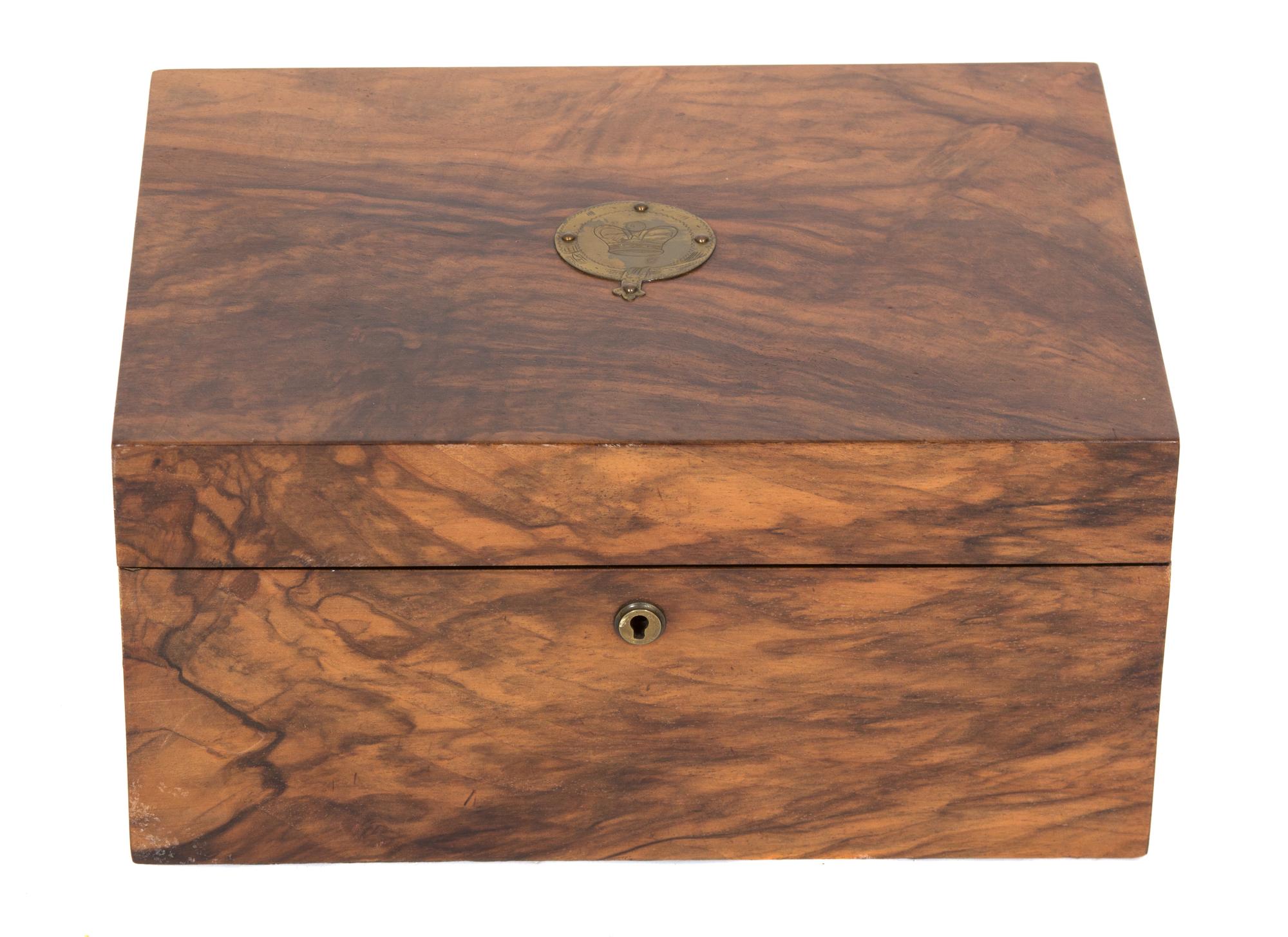 A Burl Walnut Sewing Box Height 5 3/4 x width 11 7/8 x depth inches. — 20TH CENTURY