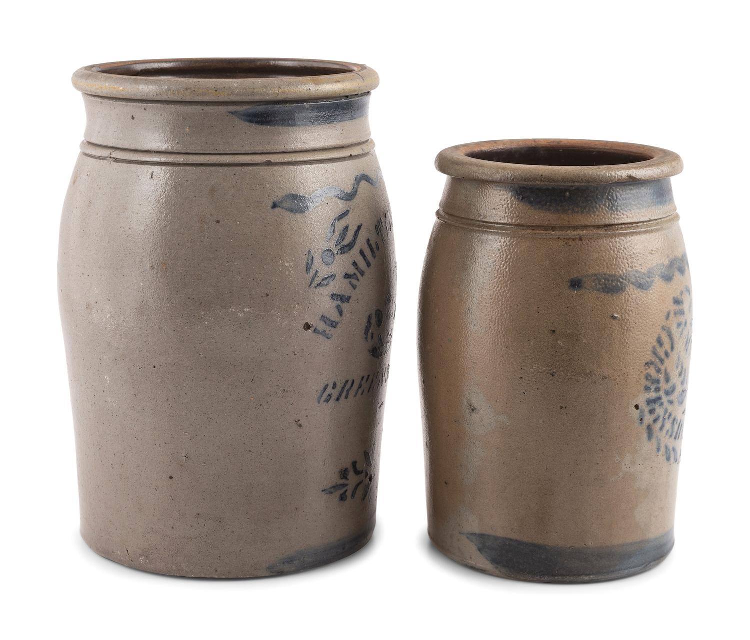 Two Hamilton & Jones Cobalt-Decorated Stoneware Crocks