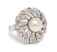 A 14 Karat White Gold, Cultured Pearl and Diamond Ring, 6.20 dwts.