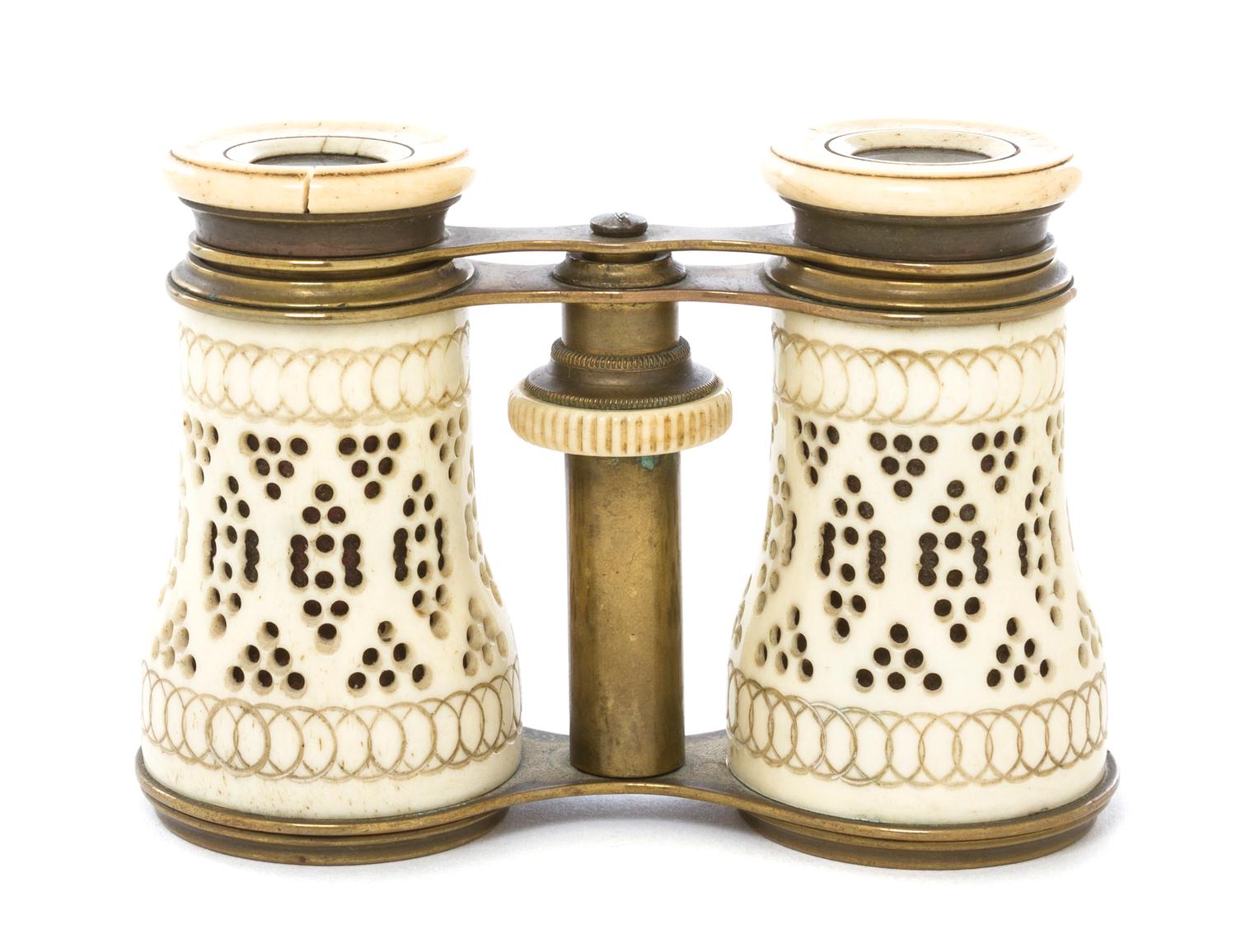 A Pair of French Bone Veneered Opera Glasses, Width 4 1/4 inches.