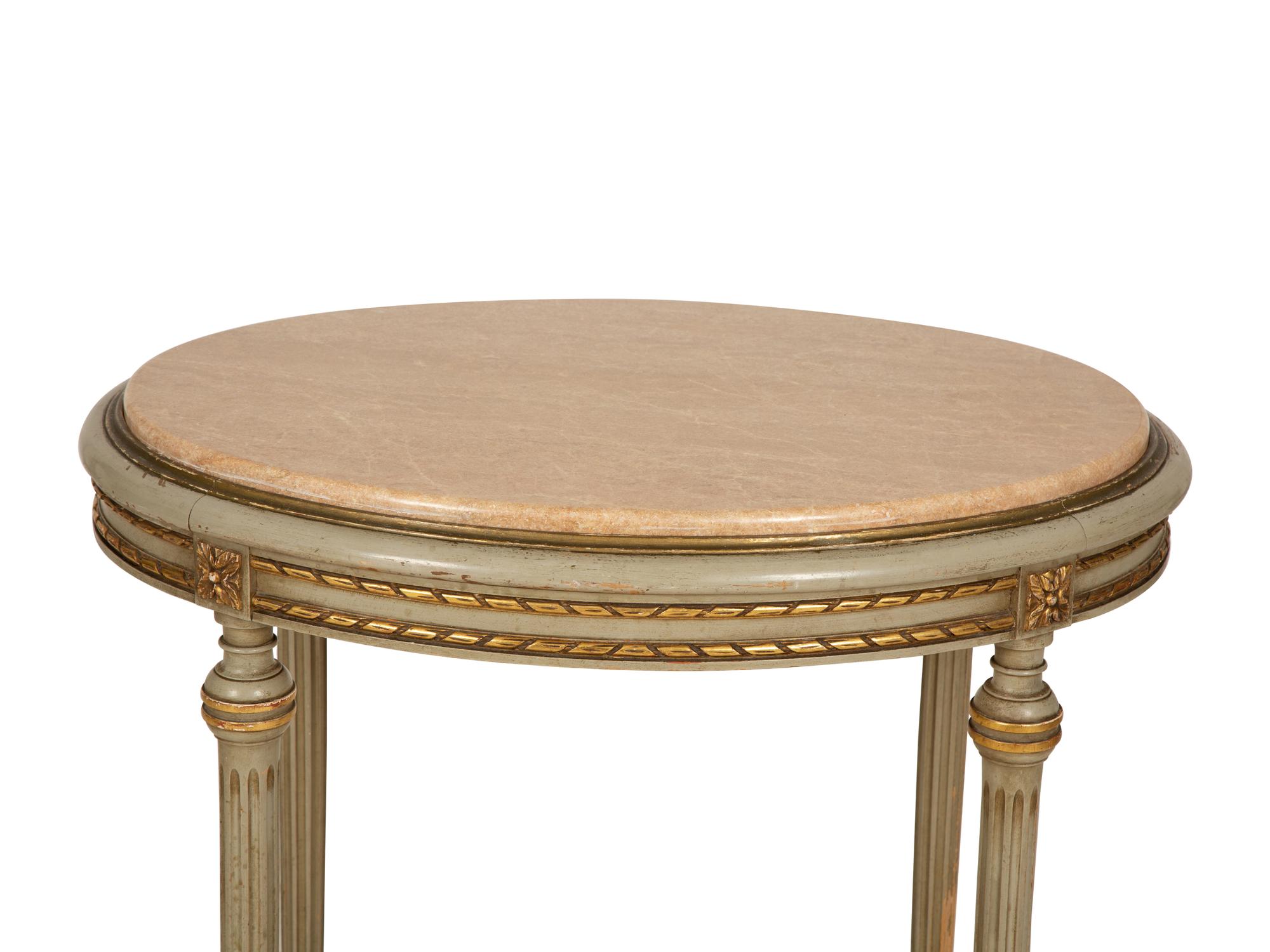 A Louis XVI Style Painted and Parcel Gilt Marble Top Oval Table — Early 20th Century