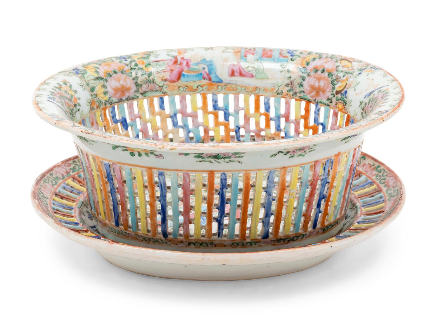 A Chinese Rose Medallion Reticulated Porcelain Basket and Underplate